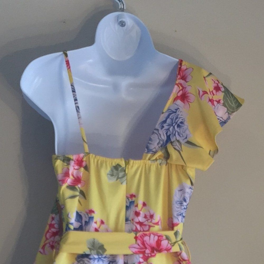 Floral jumpsuit asymetrical wrap top yellow tropical print M - Picture 5 of 11